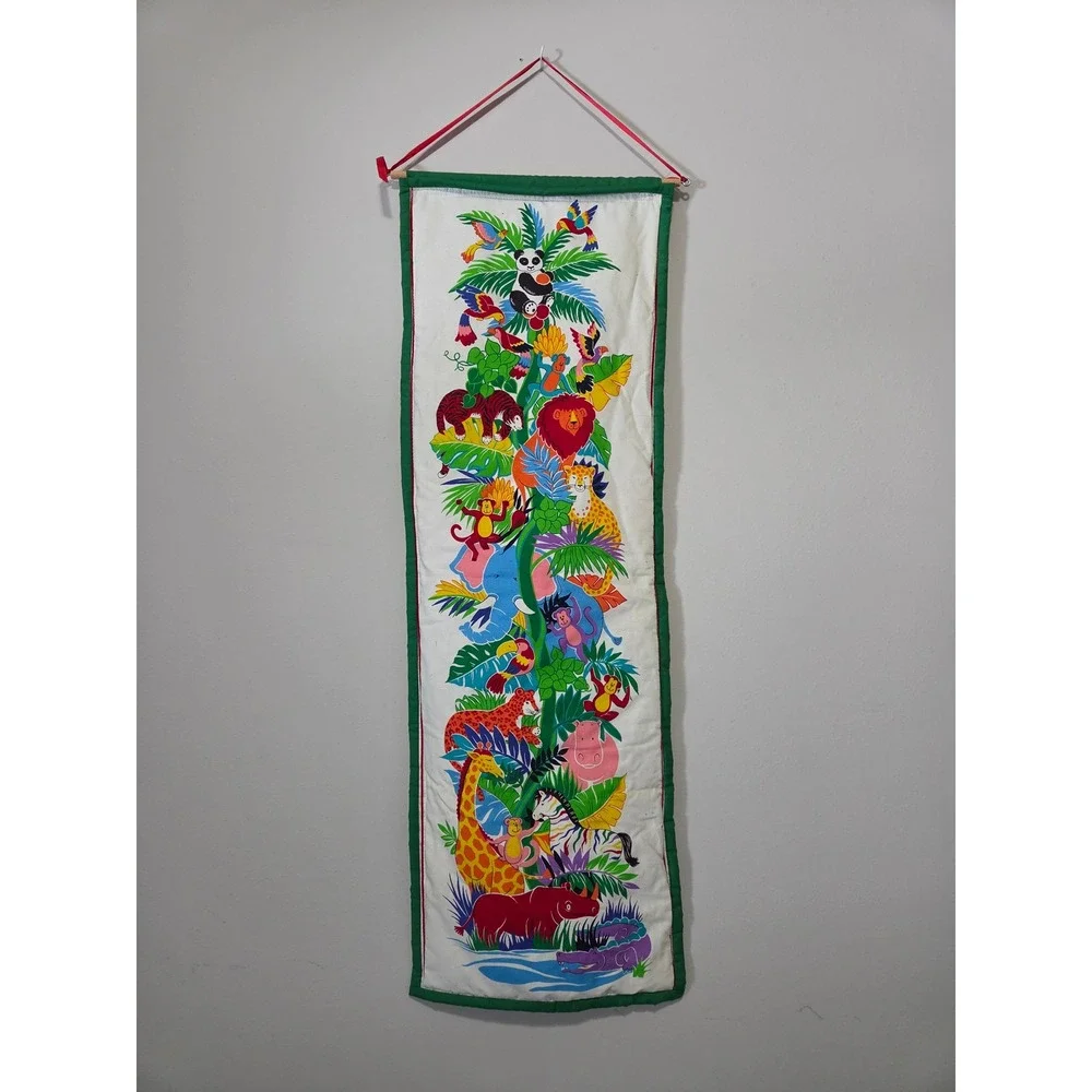 Vintage Quilted Jungle Safari Animal Wall Hanging Nursery Decor Lion Tiger 38x12